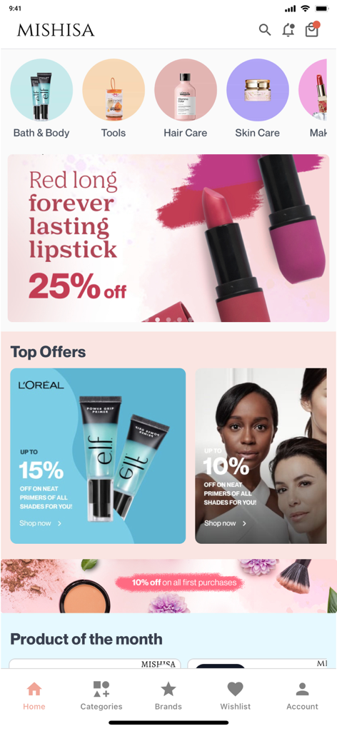 MISHISA - Écran d'accueil de l'application Mishisa montrant des catégories de beauté et des offres promotionnelles sur des marques de maquillage et de soins de la peau.