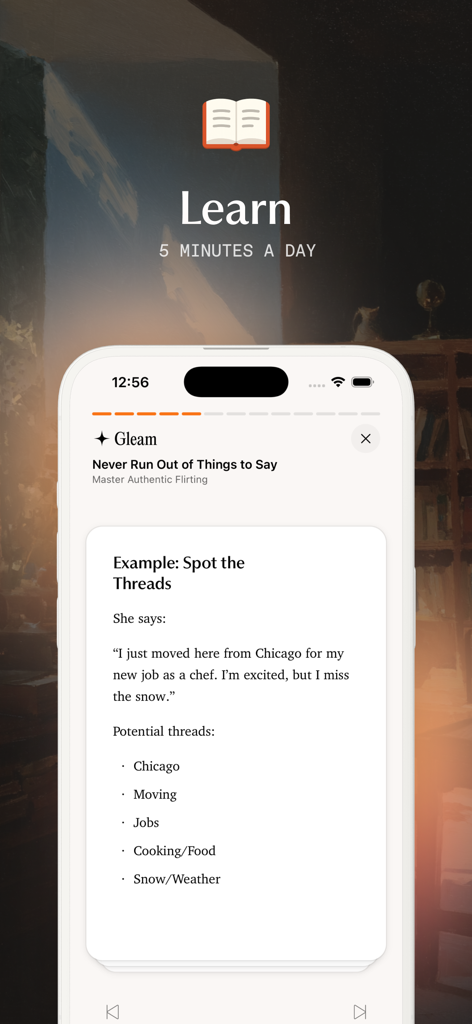 A mobile app screenshot of a Gleam social intelligence lesson about identifying conversation threads to improve flirting and communication skills.