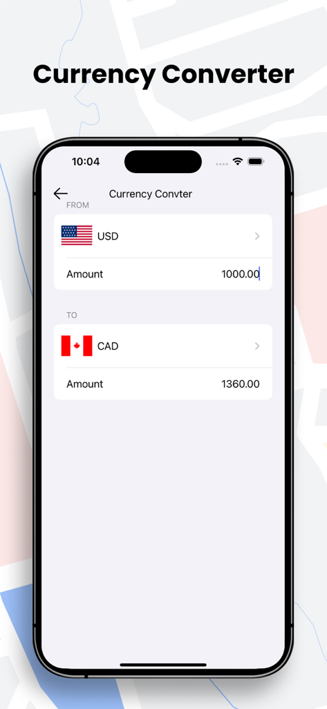 QuickNav Gps Map Navigation - Currency converter tool in the QuickNav GPS app showing USD to CAD conversion for travelers.