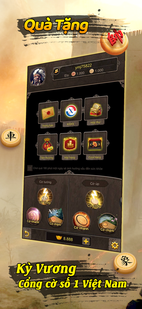 Main menu of the Ky Vuong mobile game showing Xiangqi and Hidden Chess options