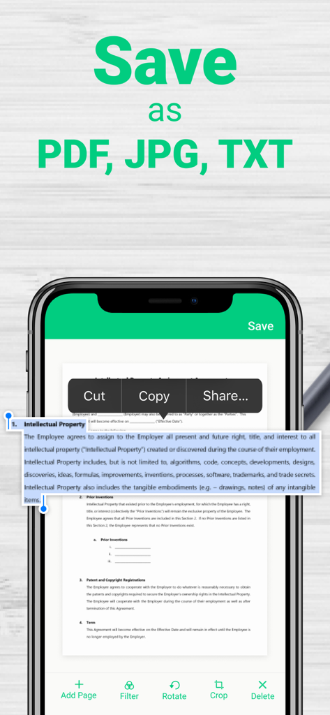 iPhone mostrando la aplicación escáner con opciones para guardar como PDF, JPG o TXT