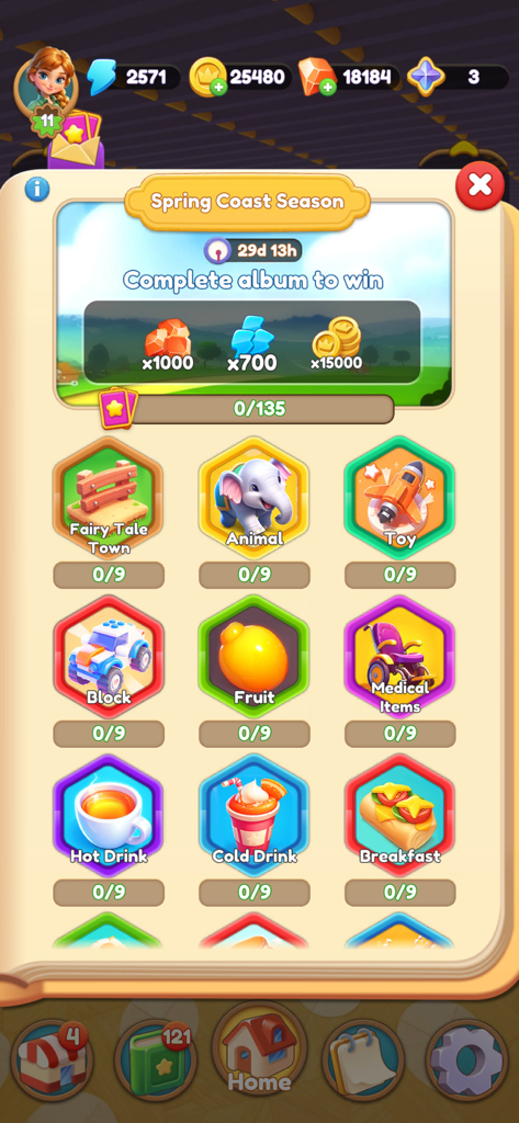 Merge Master Home Designの春の海岸シーズンイベント画面。様々なアイテム収集カテゴリと報酬が表示されています。