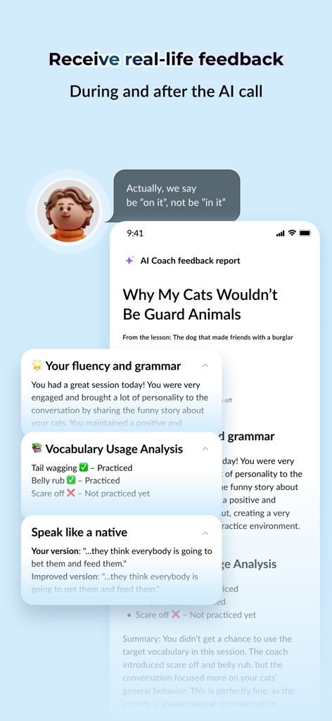 RealLife: Speak, Learn English - Rapport de feedback IA de l'application RealLife pour l'analyse de la fluidité et du vocabulaire en anglais