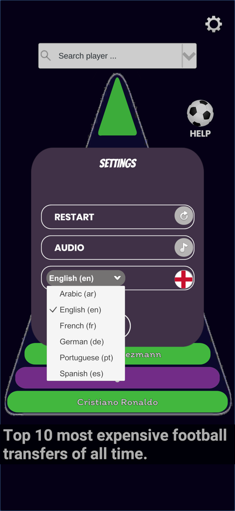 Football Quiz: 10 Guess - Settings menu of the Football Quiz 10 Guess app showing language selection for Arabic English French German Portuguese and Spanish
