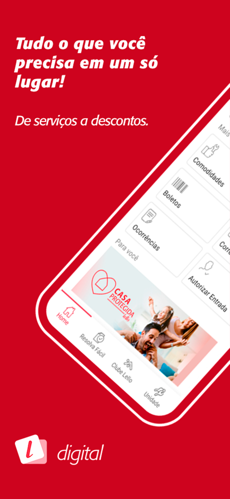 Lello para Moradores - Smartphone screen showing the Lello para Moradores app interface with options for services and residential management.