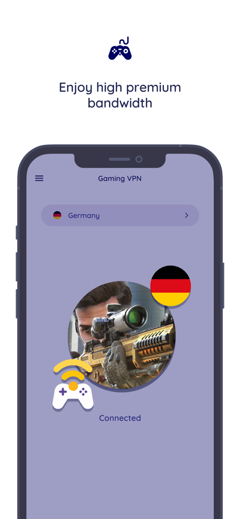 연결 상태 및 프리미엄 고대역폭 기능을 보여주는 게이밍 VPN 앱 인터페이스