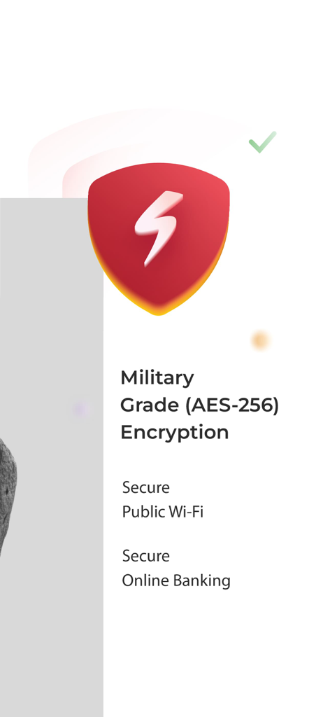 Symlex VPN app screen highlighting military grade AES-256 encryption for secure public Wi-Fi and online banking.