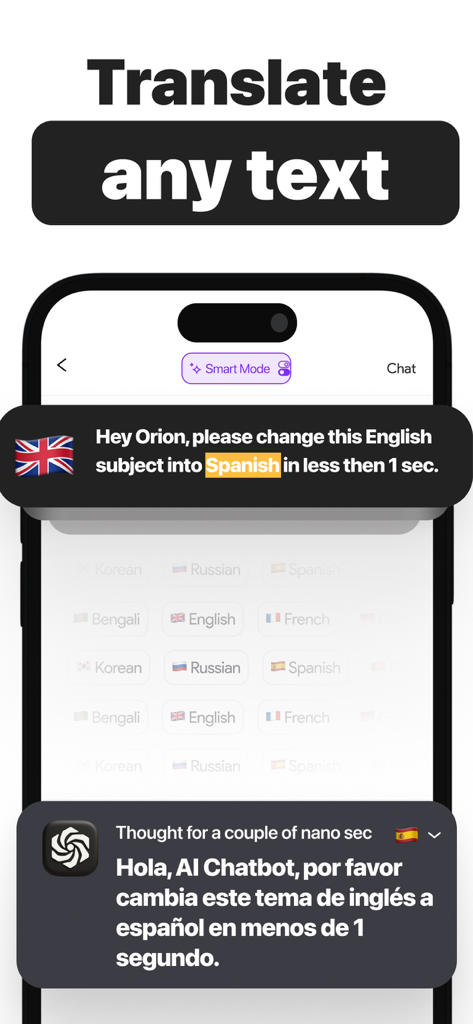 Orion AI - Chatbot Assistant - A mobile app interface showing Orion AI translating English text into Spanish.