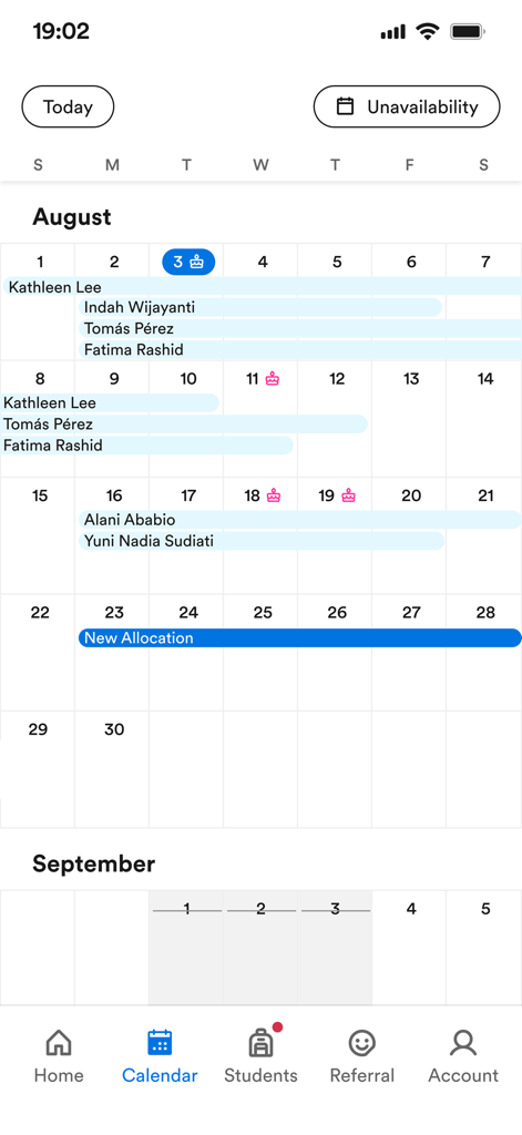 Calendar view in the EF Homestay app showing student names and their scheduled stay dates for host families.