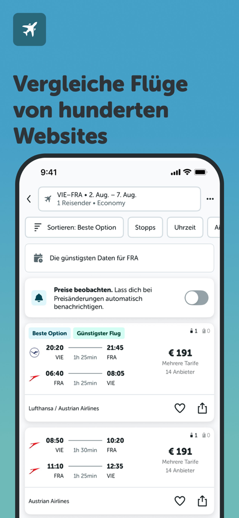 checkfelix: Flüge Hotels Autos - Interfaccia dell'app mobile checkfelix che mostra i risultati della ricerca voli e le opzioni di confronto dei prezzi per i viaggi in Europa.