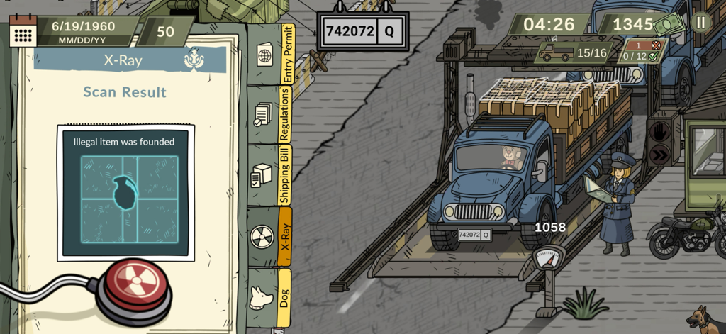 Black Border 2 Lite - Captura de pantalla del juego de Black Border 2 Lite que muestra el resultado de un escaneo de rayos X detectando una granada ilegal durante la inspección de un vehículo.