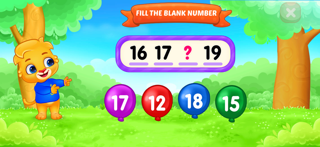 A preschool educational game screen showing a number sequence from 16 to 19 with a blank space for kids to fill.