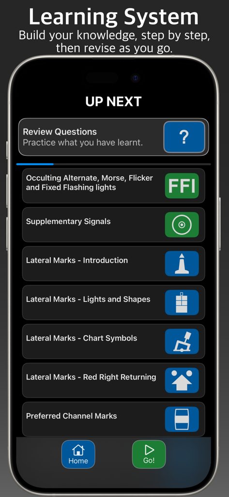 Learning system screen of the Master-Nav app showing a list of maritime buoyage modules like Lateral Marks and Chart Symbols