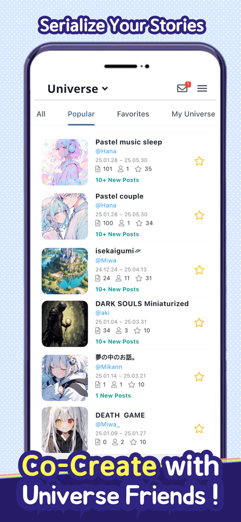 Dobby Canvas - Interface of the Dobby Canvas app Universe feed displaying a list of popular AI-generated anime stories and community artwork.