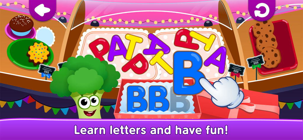 Schermata di gioco educativo che mostra un personaggio broccoli e una mano che trascina un biscotto a forma di lettera B in una scatola regalo.