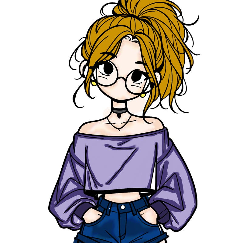 girl with a messy ponytail glasses a baggy crop top and jean shorts