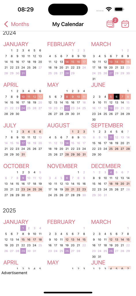 WomanLog Calendar - A yearly calendar view in the WomanLog app showing tracked menstrual cycles and fertility windows