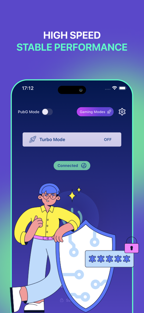 Oberfläche der VPN Hotspot Browser App, die hohe Geschwindigkeit, stabile Leistung und spezielle Spielmodi zeigt