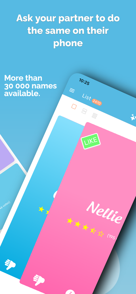 Baby Name Together app showing swipe to like feature for baby names