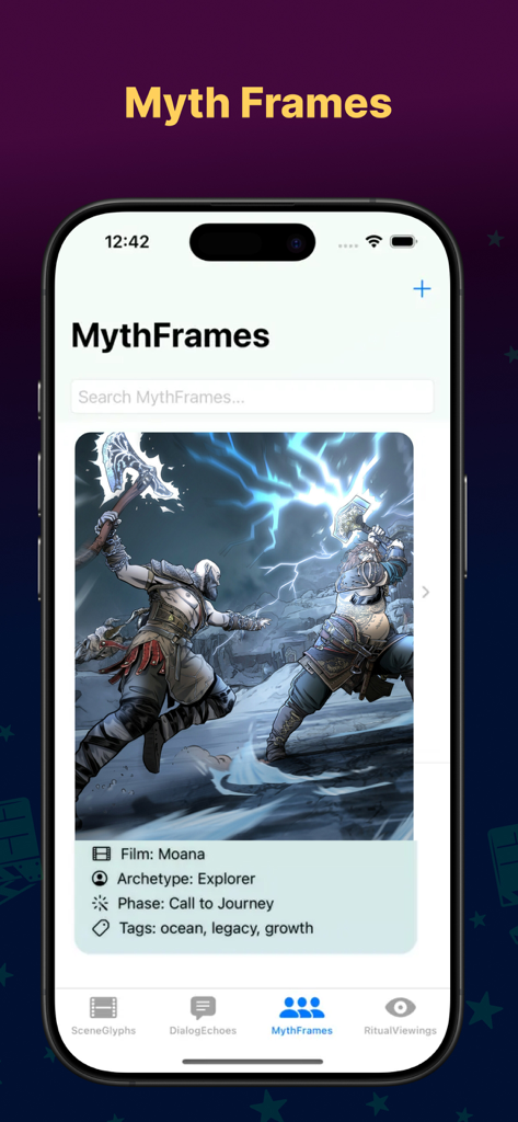 Webstream app interface displaying the MythFrames feature for analyzing film archetypes and storytelling phases