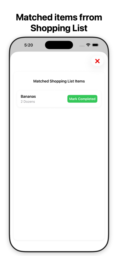 USmartCart - Pantalla de la aplicación USmartCart que muestra artículos coincidentes de la lista de compras con un botón de marcar como completado.