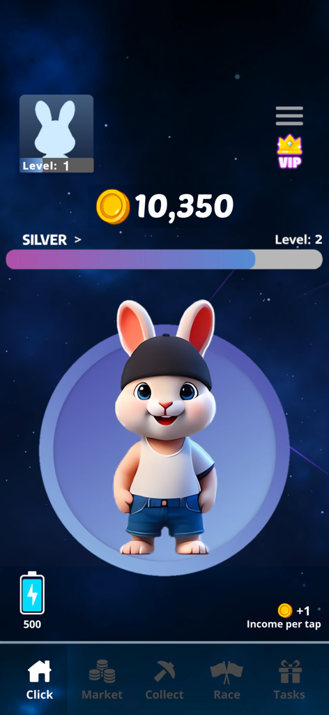 Bunny Clicker - Main gameplay screen of Bunny Clicker featuring an adorable bunny character in a beanie with coin balance and progress bar