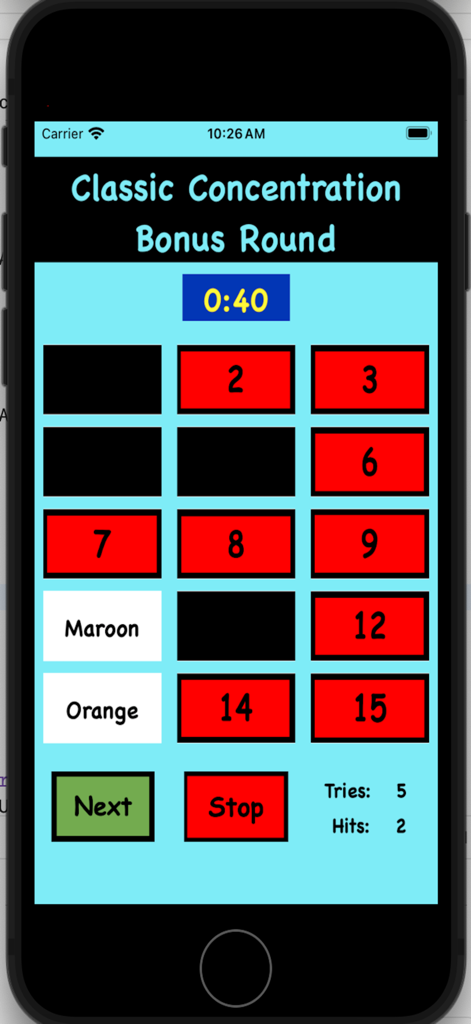 ClassicConcentration - Gameplay screen of the Classic Concentration mobile app showing a numbered grid and words for the bonus round matching game.