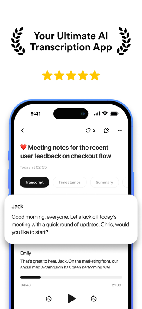 Smartphone screen displaying the AI Transcribe app with a detailed meeting transcript and productivity tools.