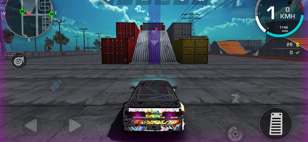 Xtreme Wheels - A customized car with a colorful graffiti wrap facing ramps and shipping containers in the Xtreme Wheels simulator game.
