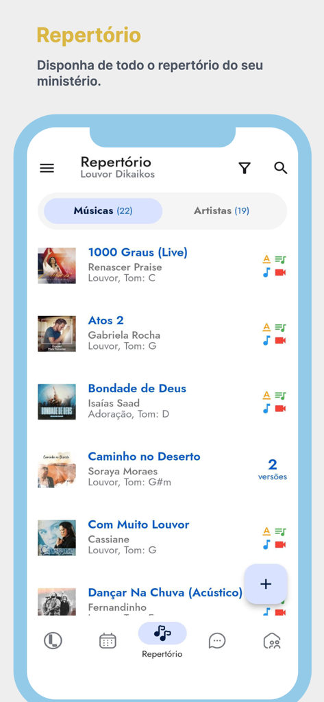 LouveApp - Interface móvel do LouveApp mostrando uma lista de músicas de louvor com nomes de artistas e tonalidades para ministérios da igreja.