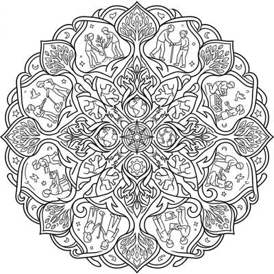Dive into a meaningful coloring experience with this intricate mandala, celebrating the spirit of teenage volunteers. Each segment depicts various acts of community service, offering both relaxation and inspiration.