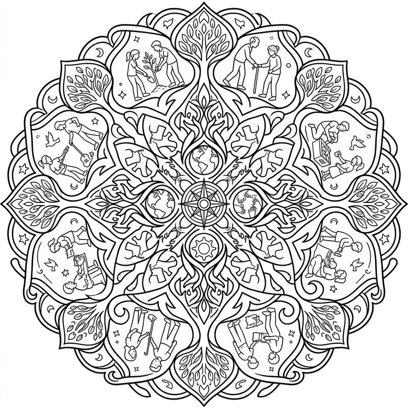 Dive into a meaningful coloring experience with this intricate mandala, celebrating the spirit of teenage volunteers. Each segment depicts various acts of community service, offering both relaxation and inspiration.