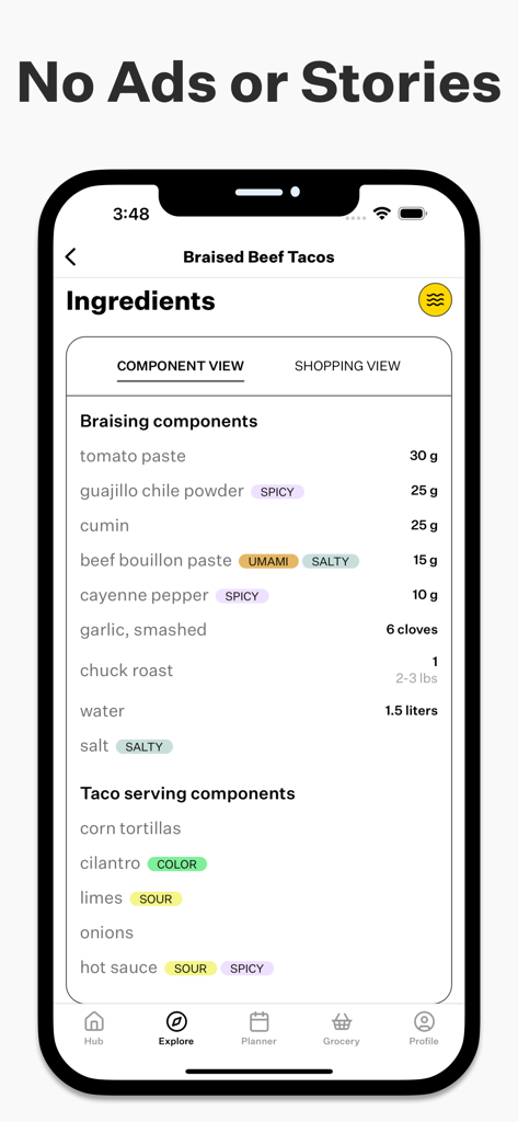 Cook Well - For Home Cooks - Detailed ingredient list for Braised Beef Tacos in the Cook Well app showing a clean and ad-free interface