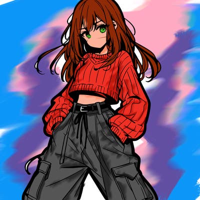 anime teen girl with baggy pants and crop top with sweater