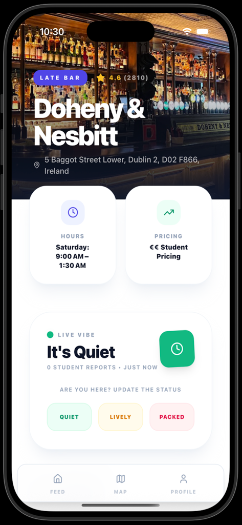 Student City - Interface de l'application Student City montrant le statut d'ambiance en temps réel et les prix étudiants pour un bar à Dublin.