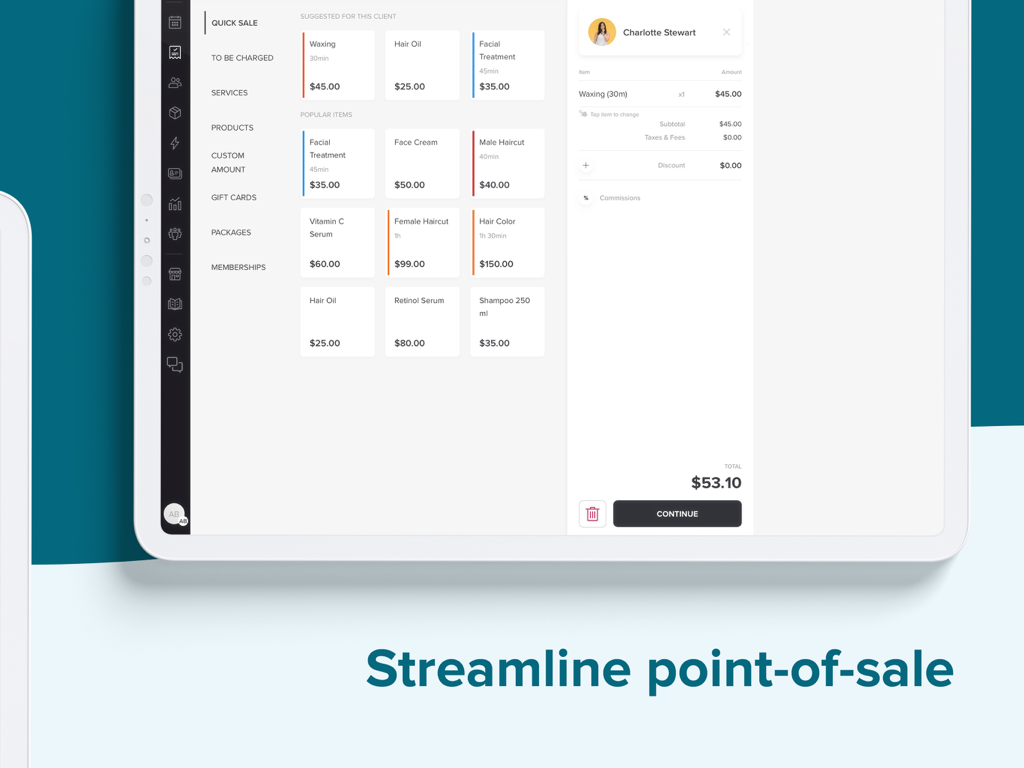 Booksy Biz Pro tablet app showing the streamlined point of sale checkout interface for salon services and products
