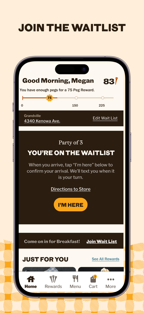 The Cracker Barrel app interface showing a party of three on the digital waitlist and their rewards peg balance