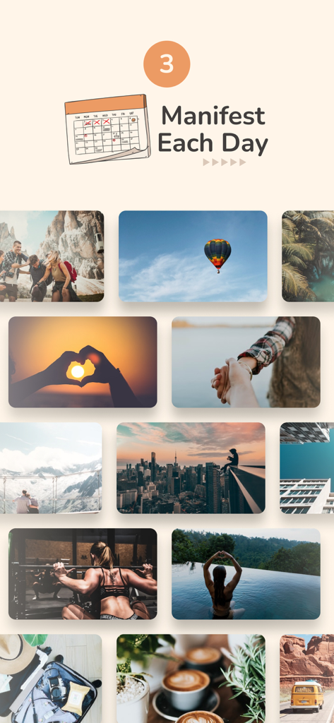 2026 Vision Board Maker Vizzy - Grid of aesthetic lifestyle images and a calendar icon with the text Manifest Each Day