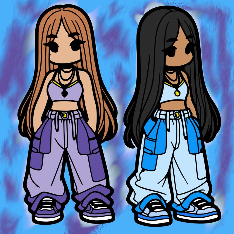 girl in baggy pants crop top and long hair