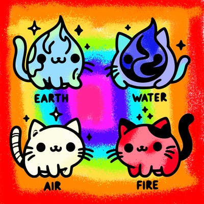 4 cats that represent the different elements, earth, water, air, and fire