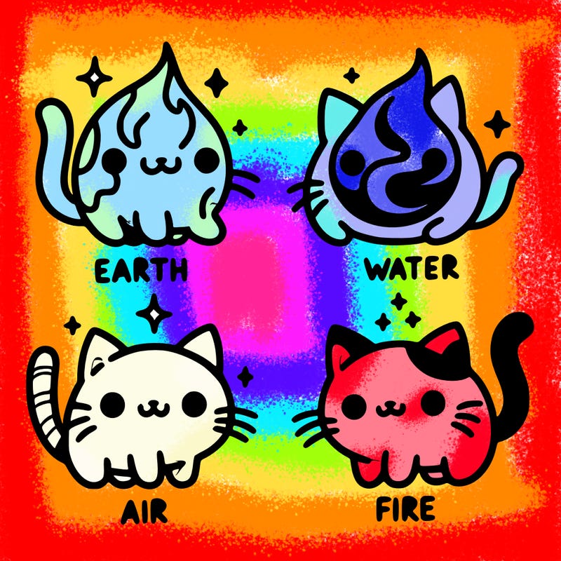 4 cats that represent the different elements, earth, water, air, and fire