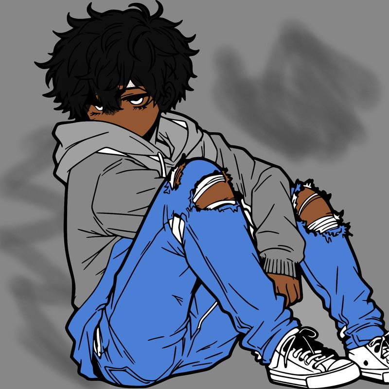 a male hoddie ripped jeans messy hair anime