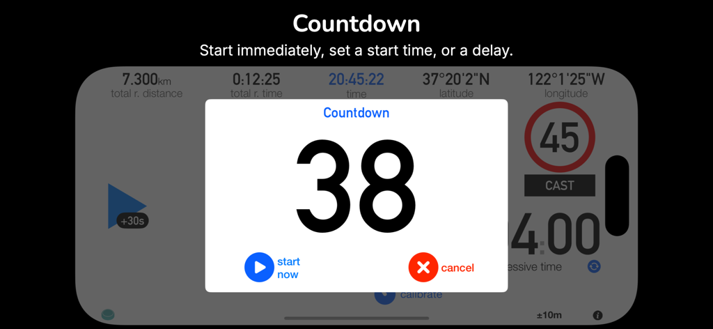 3pRally - TSD Rally - The countdown timer interface of the 3pRally app for TSD rally precision starts.