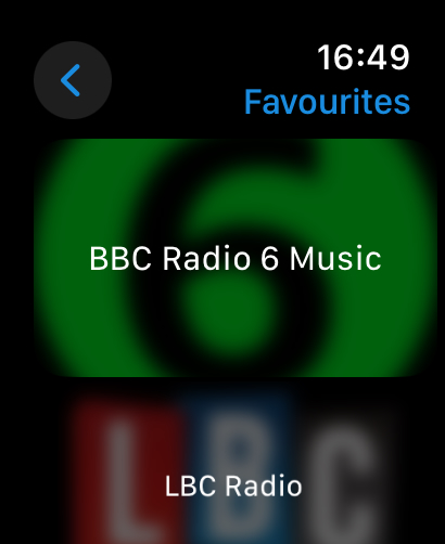 Streamlets - Streamlets Apple Watch app interface showing a list of favorite radio stations including BBC Radio 6 Music