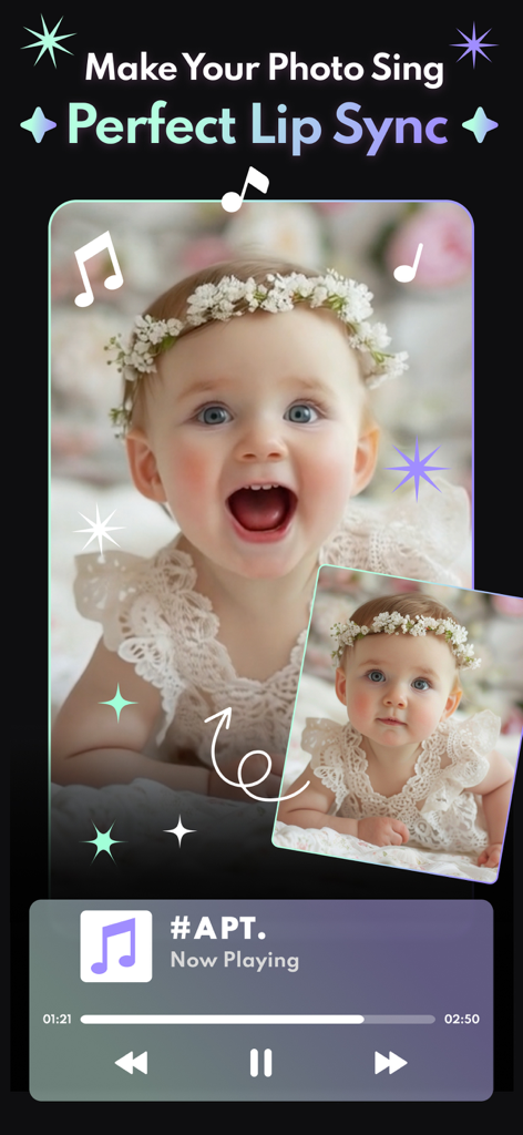 FaceVibe - AI Photo & Video - Interface do aplicativo FaceVibe mostrando o recurso de dublagem com IA fazendo a foto de um bebê cantar