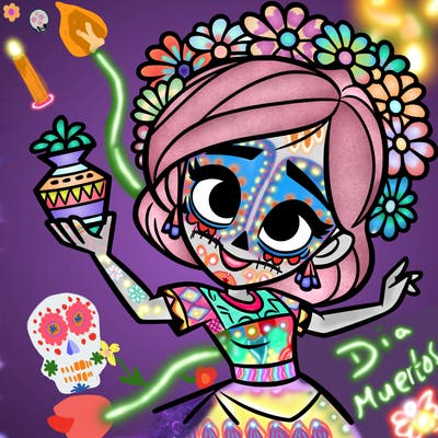 a disney style day of the dead woman.
