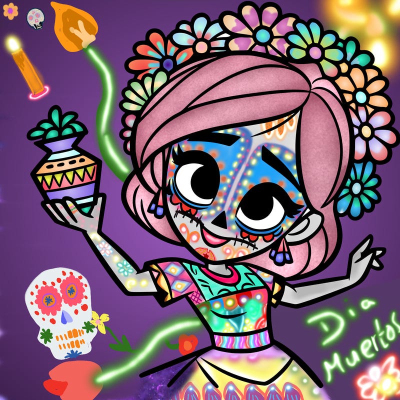 a disney style day of the dead woman.