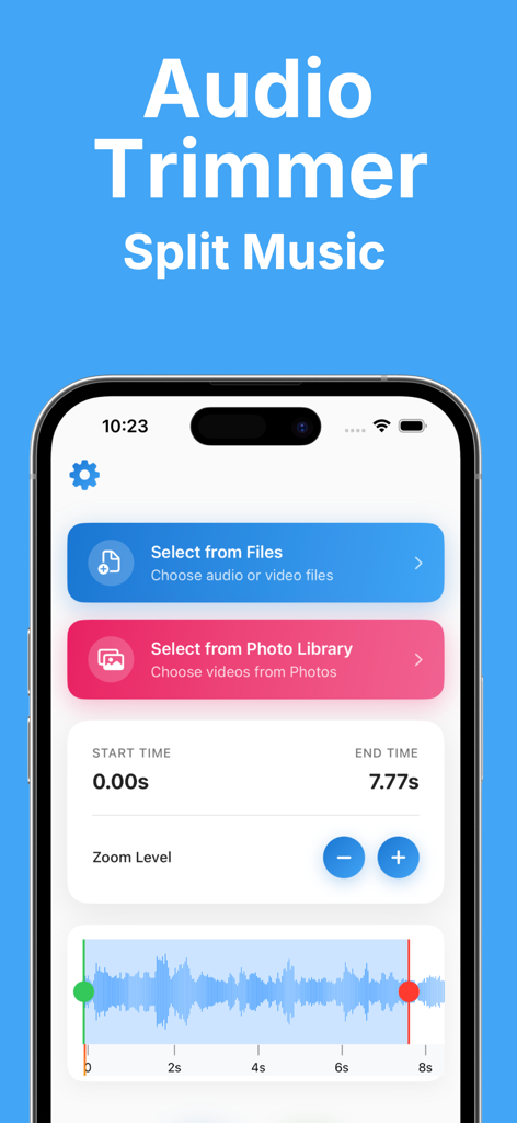 A tela principal do aplicativo Audio Trimmer com um editor de forma de onda de áudio e opções de seleção de arquivos.