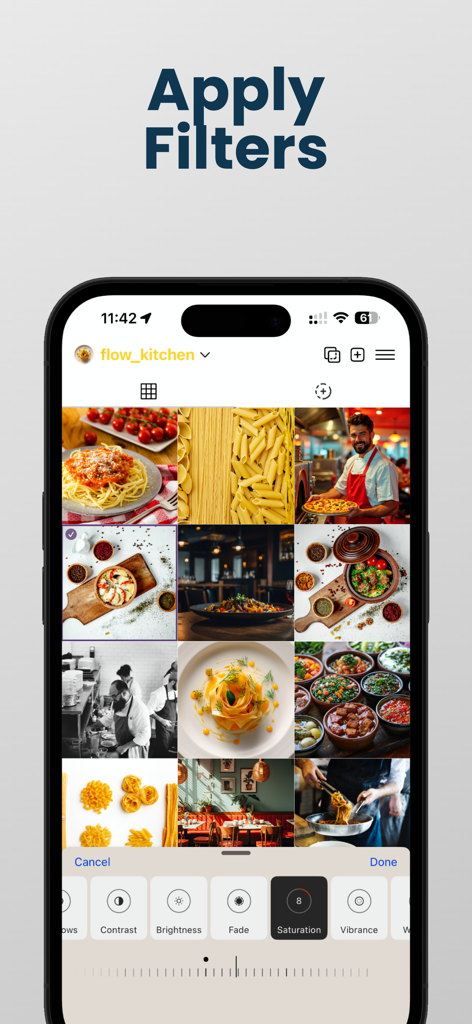 FlowPix Instagram Feed Preview - FlowPix app interface for applying photo filters to an Instagram grid layout