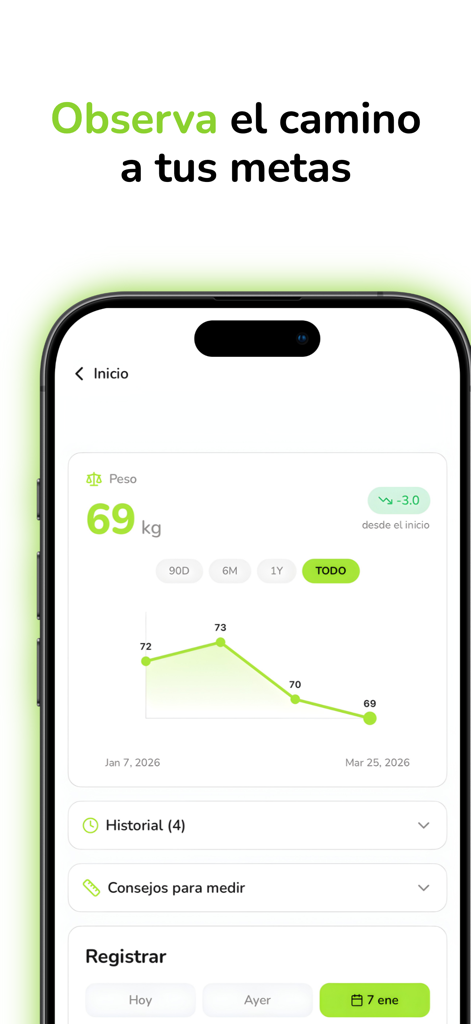 Calor.IA: Contador de Calorías - A mobile app interface showing a weight tracking graph and progress towards fitness goals.
